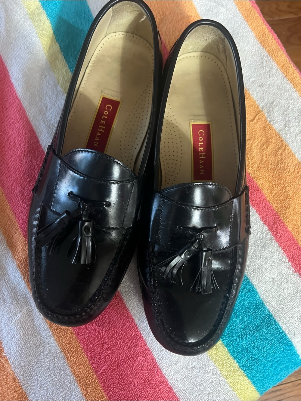 Cole Haan Black Leather Tassel Penny Loafers